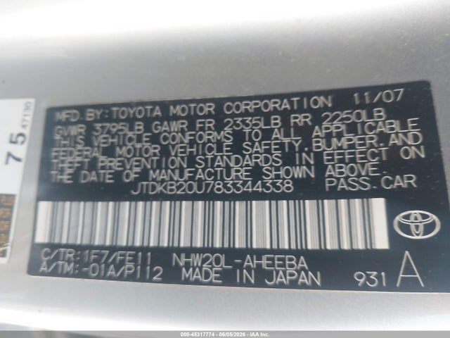 2008 Toyota Prius მანქანა იყიდება აუქციონზე, vin: JTDKB20U783344338, აუქციონის ნომერი: 45317774