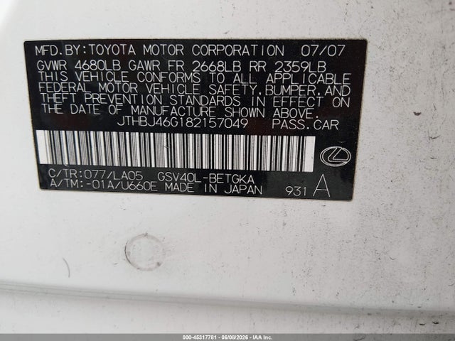 45317781 :رقم المزاد ، JTHBJ46G182157049 vin ، 2008 Lexus Es 350 مزاد بيع