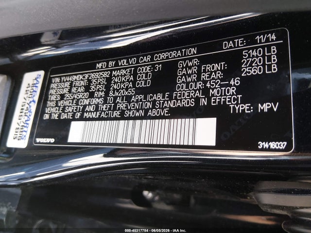 Продаж на аукціоні авто 2015 Volvo Xc60 T6, vin: YV449MDK3F2692582, номер лоту: 45317784