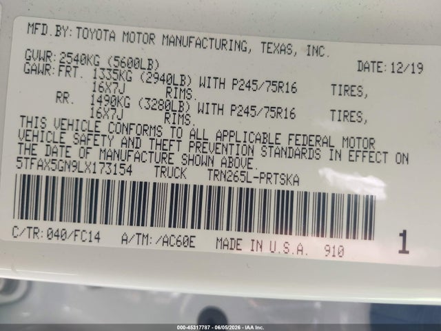 5TFAX5GN9LX173154 Toyota Tacoma Sr5