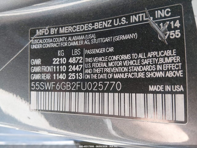 Aukcja sprzedaży 2015 Mercedes-benz C 400 4matic, vin: 55SWF6GB2FU025770, numer aukcji: 45317806
