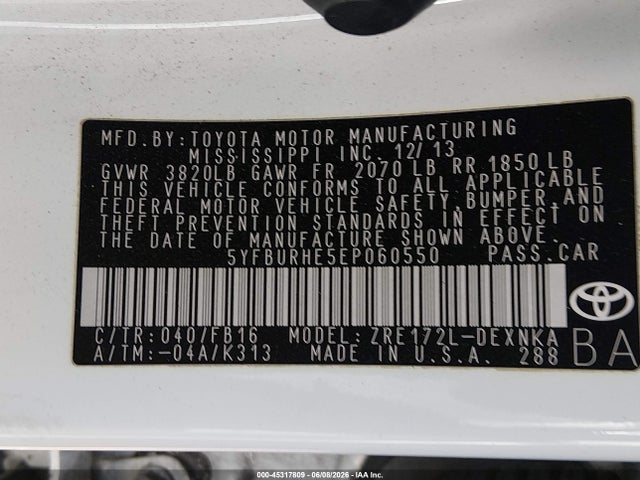 45317809 :رقم المزاد ، 5YFBURHE5EP060550 vin ، 2014 Toyota Corolla Le Plus مزاد بيع