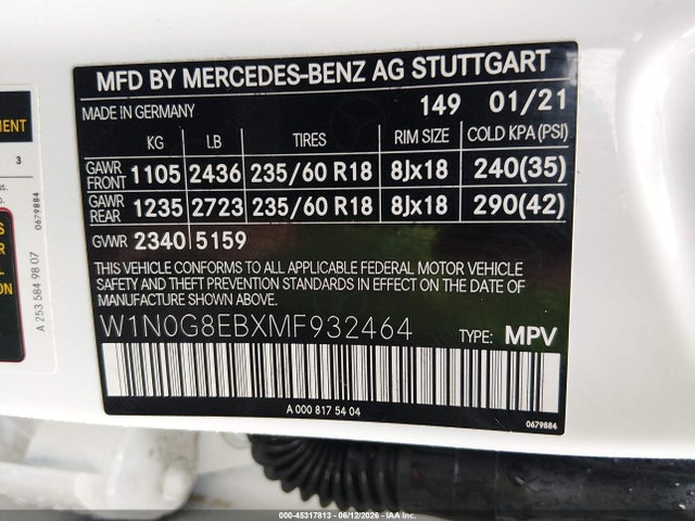 Продаж на аукціоні авто 2021 Mercedes-benz Glc 300 4matic Suv, vin: W1N0G8EBXMF932464, номер лоту: 45317813