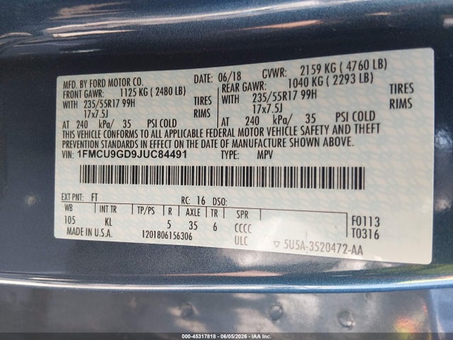 Auction sale of the 2018 Ford Escape Se, vin: 1FMCU9GD9JUC84491, lot number: 45317818