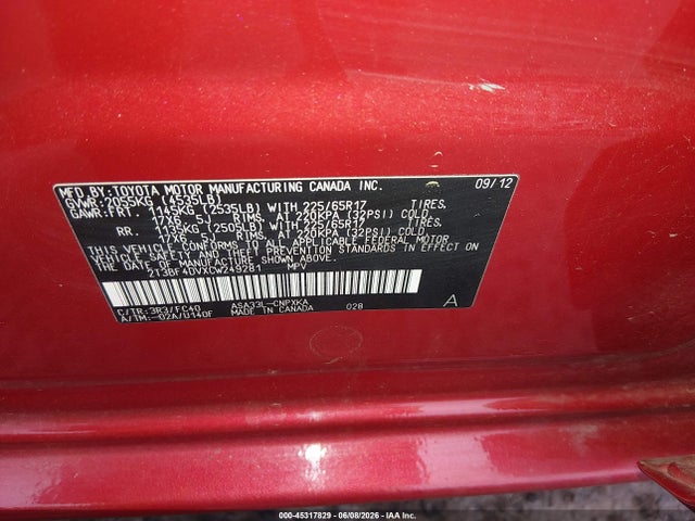 Aukcja sprzedaży 2012 Toyota Rav4, vin: 2T3BF4DVXCW249281, numer aukcji: 45317829