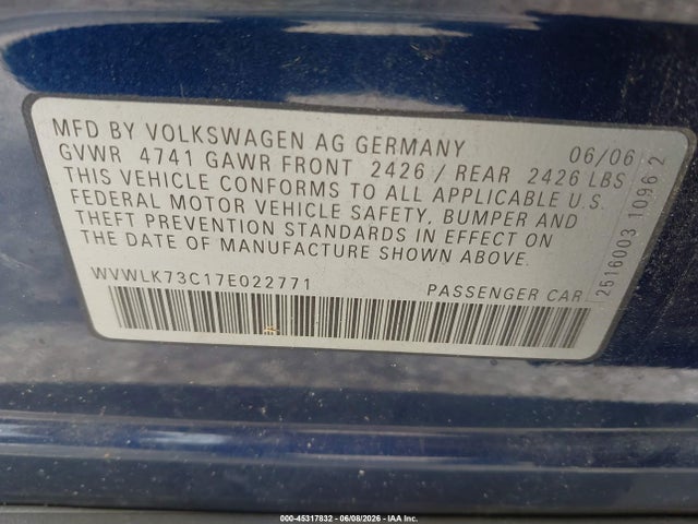 Aukcja sprzedaży 2007 Volkswagen Passat 2.0t, vin: WVWLK73C17E022771, numer aukcji: 45317832