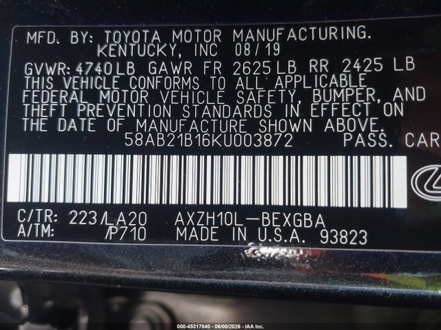 Продажа на аукционе авто 2019 Lexus Es 300h, vin: 58AB21B16KU003872, номер лота: 45317840