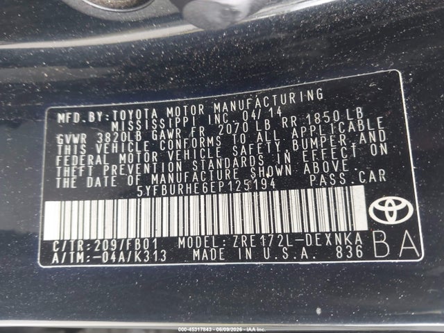 Aukcja sprzedaży 2014 Toyota Corolla Le, vin: 5YFBURHE6EP125194, numer aukcji: 45317843