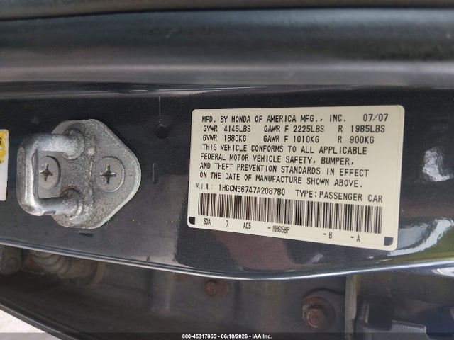 Aukcja sprzedaży 2007 Honda Accord 2.4 Ex, vin: 1HGCM56747A208780, numer aukcji: 45317865