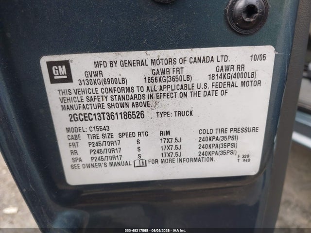 45317868 :رقم المزاد ، 2GCEC13T361186526 vin ، 2006 Chevrolet Silverado 1500 Lt1 مزاد بيع