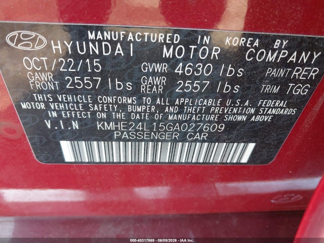 Aukcja sprzedaży 2016 Hyundai Sonata Hybrid Se, vin: KMHE24L15GA027609, numer aukcji: 45317869