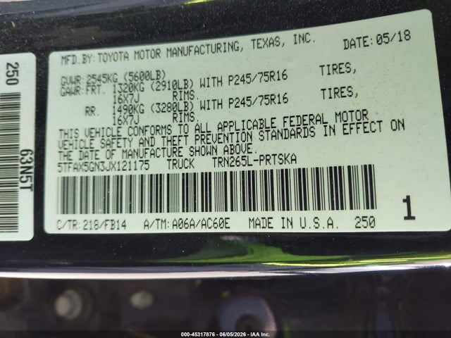 Aukcja sprzedaży 2018 Toyota Tacoma Sr, vin: 5TFAX5GN3JX121175, numer aukcji: 45317876