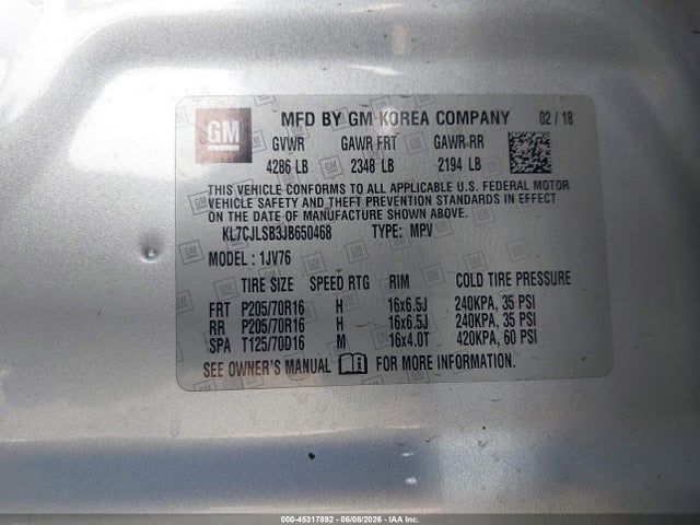 45317892 :رقم المزاد ، KL7CJLSB3JB650468 vin ، 2018 Chevrolet Trax Lt مزاد بيع