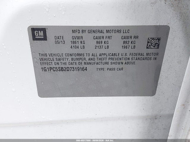 2013 Chevrolet Cruze 1lt Auto მანქანა იყიდება აუქციონზე, vin: 1G1PC5SB2D7319164, აუქციონის ნომერი: 45317895
