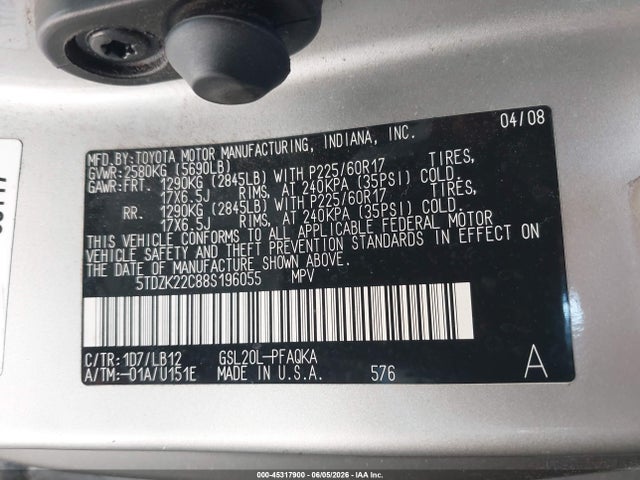 Aukcja sprzedaży 2008 Toyota Sienna Limited, vin: 5TDZK22C88S196055, numer aukcji: 45317900