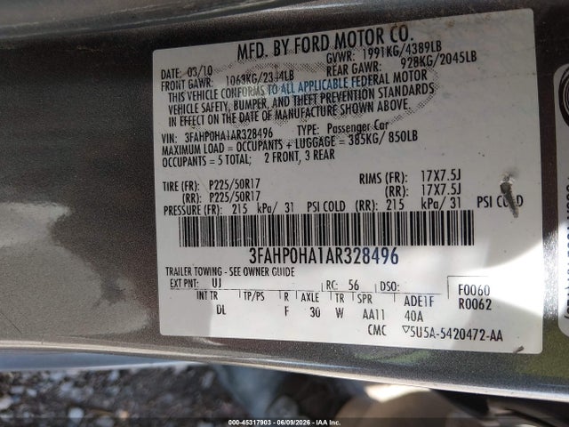 Aukcja sprzedaży 2010 Ford Fusion Se, vin: 3FAHP0HA1AR328496, numer aukcji: 45317903