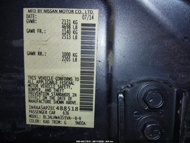 45317910 :رقم المزاد ، 1N4AA5AP2EC488518 vin ، 2014 Nissan Maxima 3.5 Sv مزاد بيع