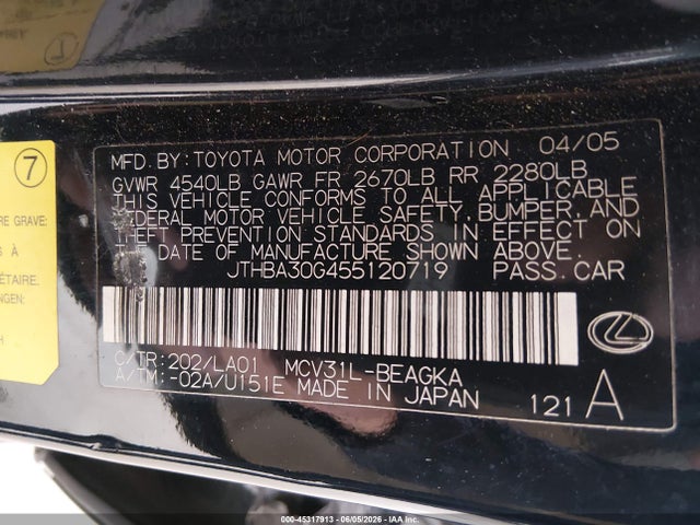 Продажа на аукционе авто 2005 Lexus Es 330, vin: JTHBA30G455120719, номер лота: 45317913