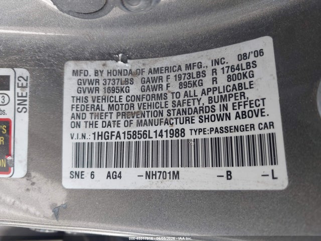 Продажа на аукционе авто 2006 Honda Civic Ex, vin: 1HGFA15856L141988, номер лота: 45317916