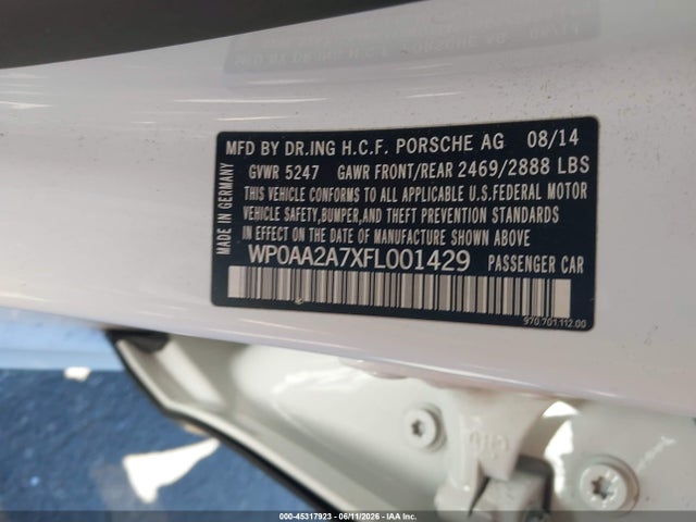 Продаж на аукціоні авто 2015 Porsche Panamera 4, vin: WP0AA2A7XFL001429, номер лоту: 45317923