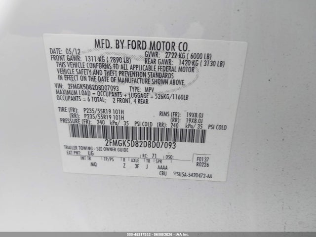 45317932 :رقم المزاد ، 2FMGK5D82DBD07093 vin ، 2013 Ford Flex Limited مزاد بيع