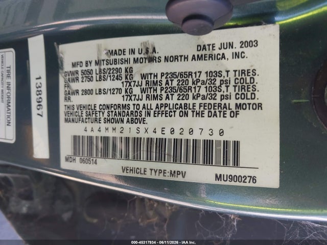 45317934 :رقم المزاد ، 4A4MM21SX4E020730 vin ، 2004 Mitsubishi Endeavor Ls مزاد بيع