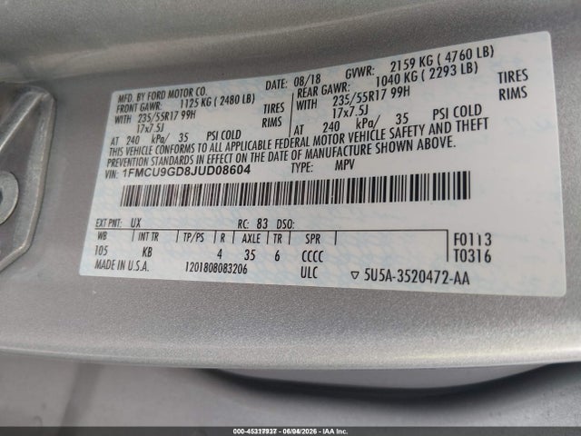 Ford ESCAPE SE 2018 1FMCU9GD8JUD08604 Image 9