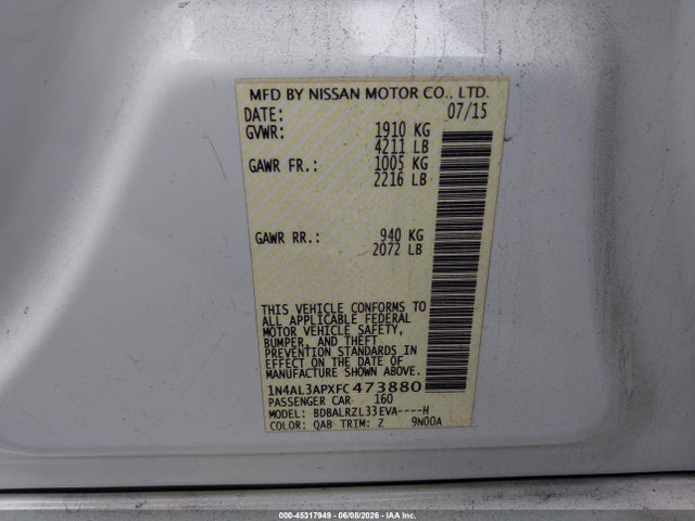 Nissan Altima 2.5 Sl 2015 1N4AL3APXFC473880 Image 9