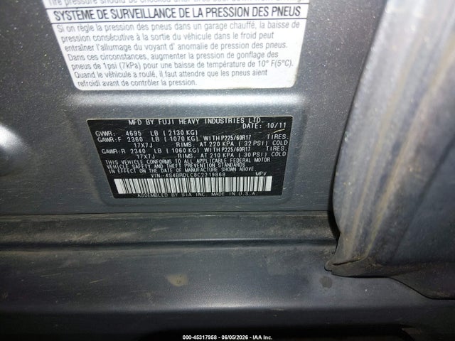 45317958 :رقم المزاد ، 4S4BRDLC8C2219868 vin ، 2012 Subaru Outback 3.6r Limited مزاد بيع