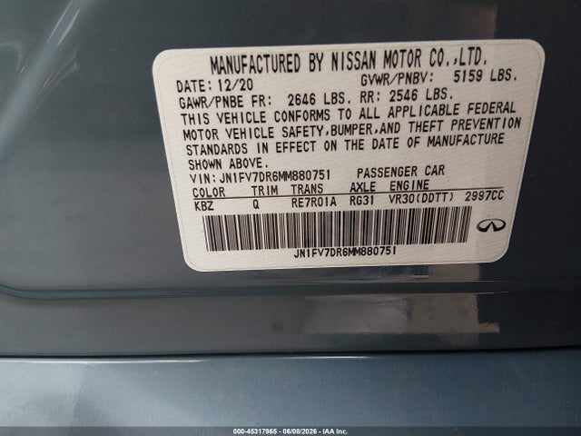 Продажа на аукционе авто 2021 Infiniti Q50 Red Sport 400 Awd, vin: JN1FV7DR6MM880751, номер лота: 45317965