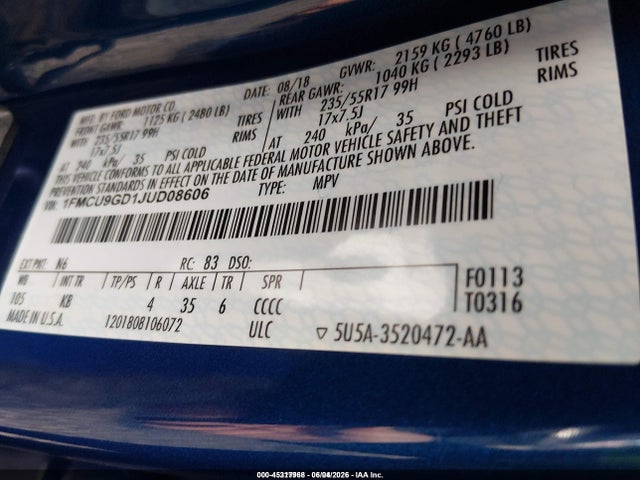 Ford ESCAPE SE 2018 1FMCU9GD1JUD08606 Image 9