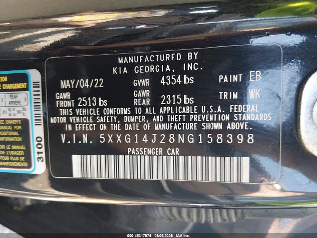 Auction sale of the 2022 Kia K5 Lxs, vin: 5XXG14J28NG158398, lot number: 45317974