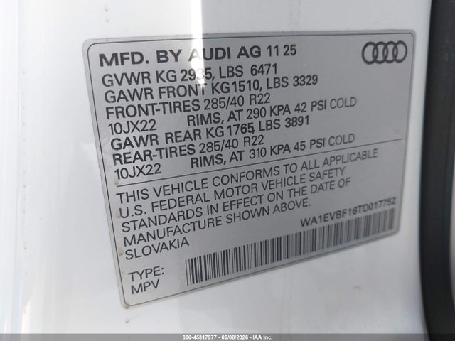 Продажа на аукционе авто 2026 Audi Q8 Premium Plus 55 Tfsi Quattro Tiptronic, vin: WA1EVBF16TD017752, номер лота: 45317977