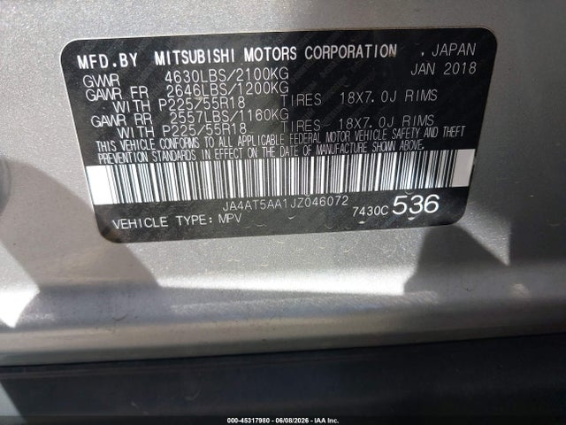 Продажа на аукционе авто 2018 Mitsubishi Eclipse Cross Sel, vin: JA4AT5AA1JZ046072, номер лота: 45317980