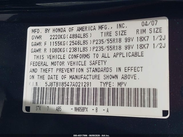 Aukcja sprzedaży 2007 Acura Rdx, vin: 5J8TB18547A021291, numer aukcji: 45317996