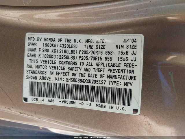 Продаж на аукціоні авто 2004 Honda Cr-v Lx, vin: SHSRD684X4U205427, номер лоту: 45318005