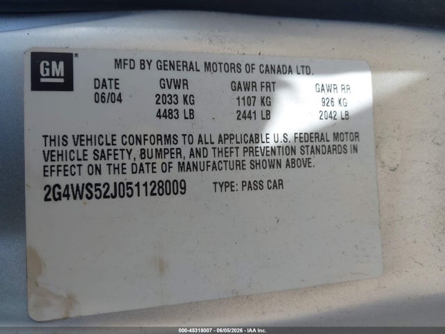 Aukcja sprzedaży 2005 Buick Century, vin: 2G4WS52J051128009, numer aukcji: 45318007