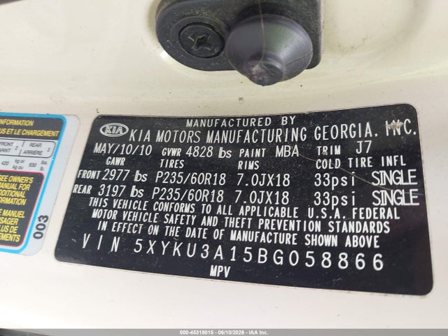 Aukcja sprzedaży 2011 Kia Sorento Ex, vin: 5XYKU3A15BG058866, numer aukcji: 45318015