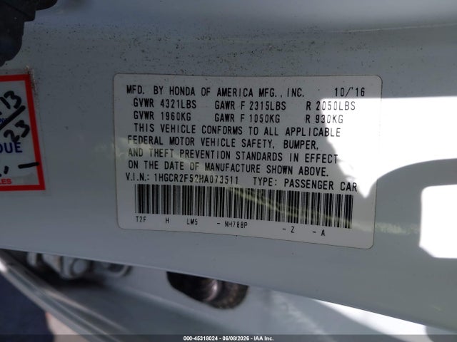 Продаж на аукціоні авто 2017 Honda Accord Sport, vin: 1HGCR2F52HA073511, номер лоту: 45318024