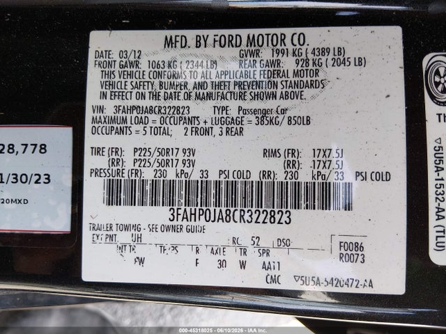 45318025 :رقم المزاد ، 3FAHP0JA8CR322823 vin ، 2012 Ford Fusion Sel مزاد بيع