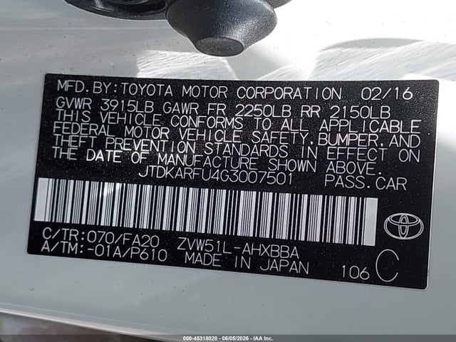 2016 Toyota Prius Two Eco მანქანა იყიდება აუქციონზე, vin: JTDKARFU4G3007501, აუქციონის ნომერი: 45318028