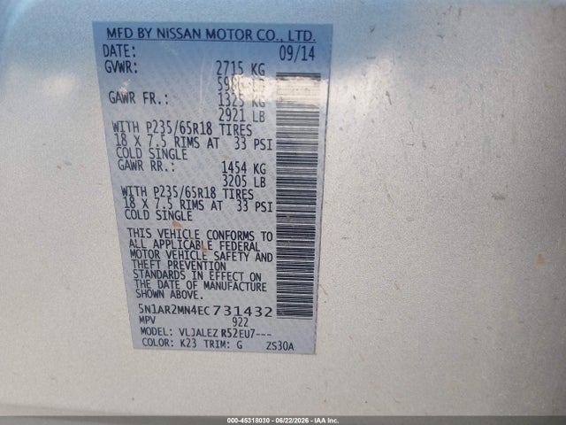 Aukcja sprzedaży 2014 Nissan Pathfinder Sv, vin: 5N1AR2MN4EC731432, numer aukcji: 45318030