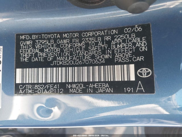 45318044 :رقم المزاد ، JTDKB20U267070634 vin ، 2006 Toyota Prius مزاد بيع