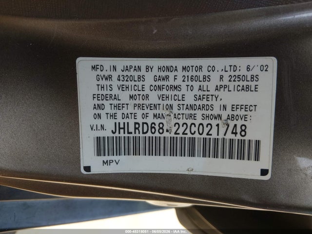Продажа на аукционе авто 2002 Honda Cr-v Lx, vin: JHLRD68422C021748, номер лота: 45318051