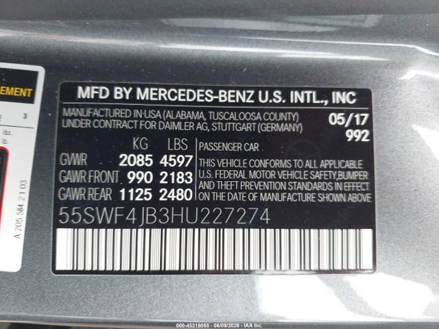 45318055 :رقم المزاد ، 55SWF4JB3HU227274 vin ، 2017 Mercedes-benz C 300 Sport مزاد بيع