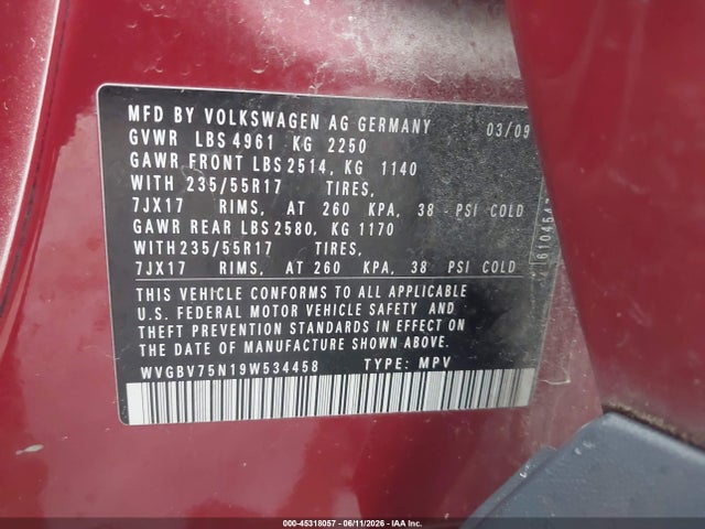 Aukcja sprzedaży 2009 Volkswagen Tiguan Se, vin: WVGBV75N19W534458, numer aukcji: 45318057