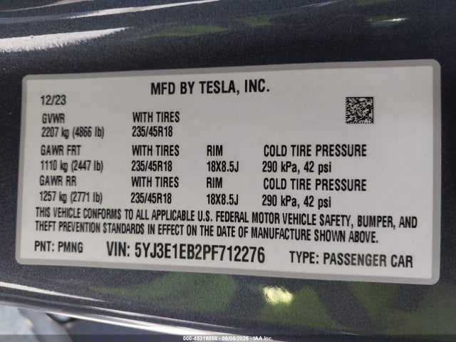 Aukcja sprzedaży 2023 Tesla Model 3 Long Range Dual Motor All-wheel Drive, vin: 5YJ3E1EB2PF712276, numer aukcji: 45318058