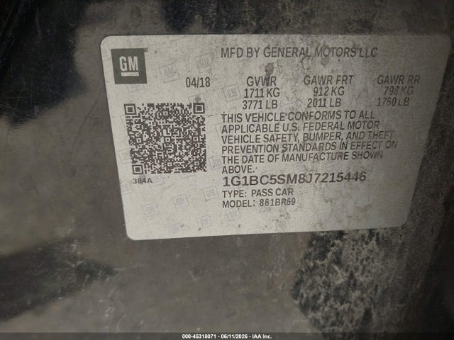 45318071 :رقم المزاد ، 1G1BC5SM8J7215446 vin ، 2018 Chevrolet Cruze Ls Auto مزاد بيع