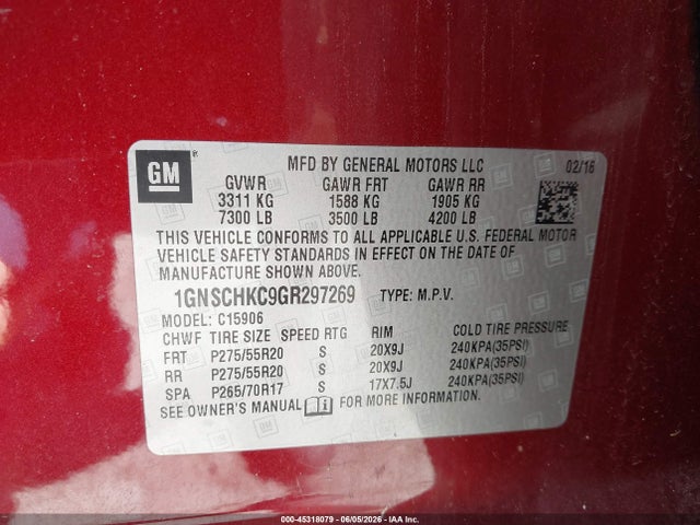 45318079 :رقم المزاد ، 1GNSCHKC9GR297269 vin ، 2016 Chevrolet Suburban Lt مزاد بيع