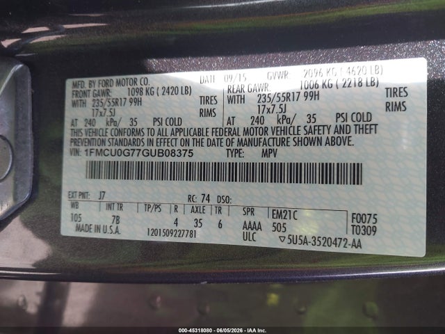 45318080 :رقم المزاد ، 1FMCU0G77GUB08375 vin ، 2016 Ford Escape Se مزاد بيع